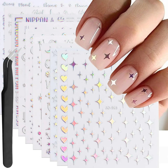 VOTACOS 12 Sheets Aurora Star Nail Art Stickers 3D Shiney Nail Decals Self-Adhesive Nail Art Supplies Glitter Holographic Star Heart Moon Nail Art Design Nail Accessories for Women Nail Decorations. Frezze_Luxe
