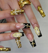 128Pcs Gold Nail Charms Set with Gold Nail Gems Gold Rose Hearts Gold Cross Nail Charms and Virgin Mary Nail Charms - Y2K 3D Chrome Nail Charma Decorations Frezze_Luxe