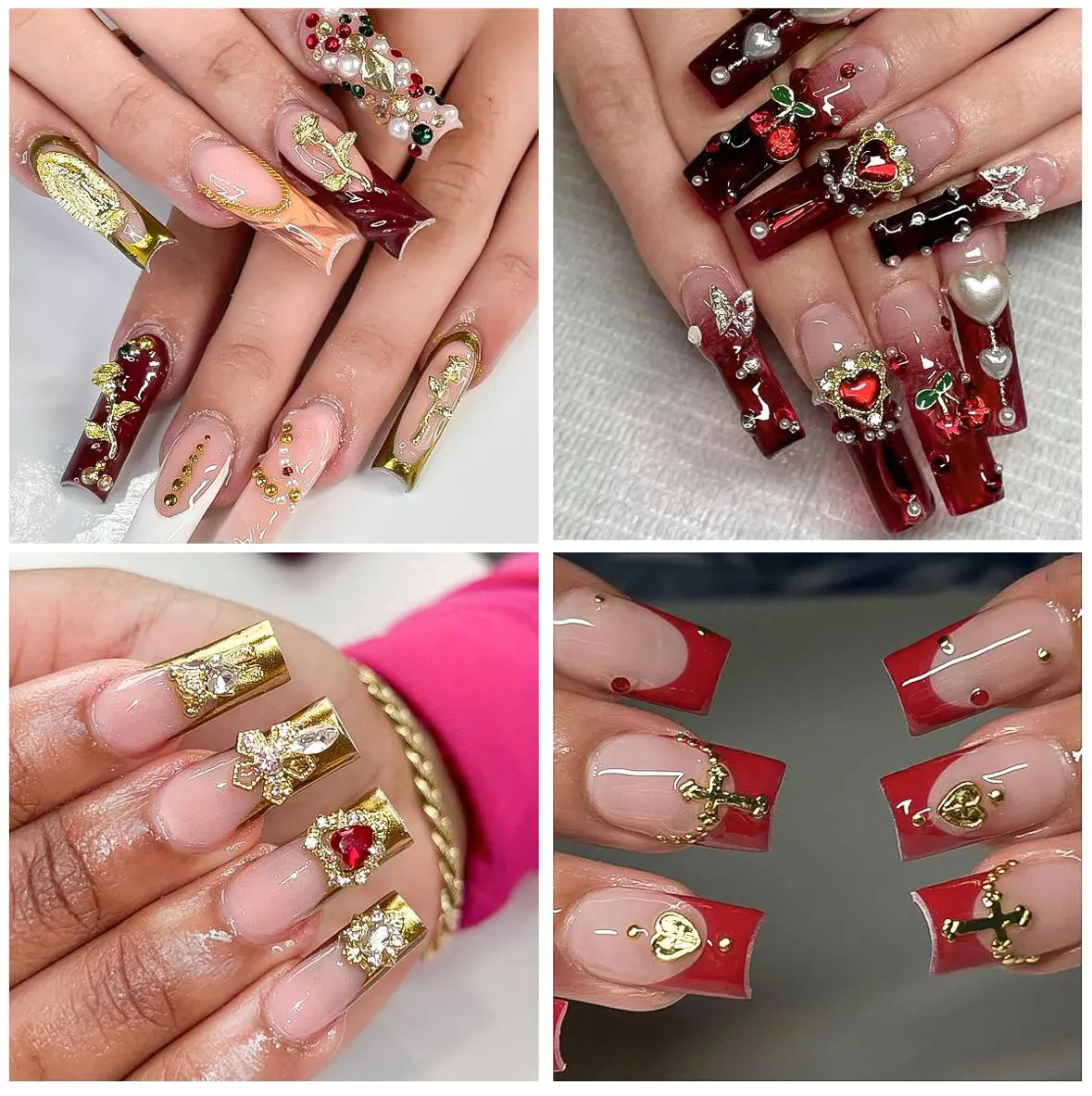 128Pcs Gold Nail Charms Set with Gold Nail Gems Gold Rose Hearts Gold Cross Nail Charms and Virgin Mary Nail Charms - Y2K 3D Chrome Nail Charma Decorations Frezze_Luxe