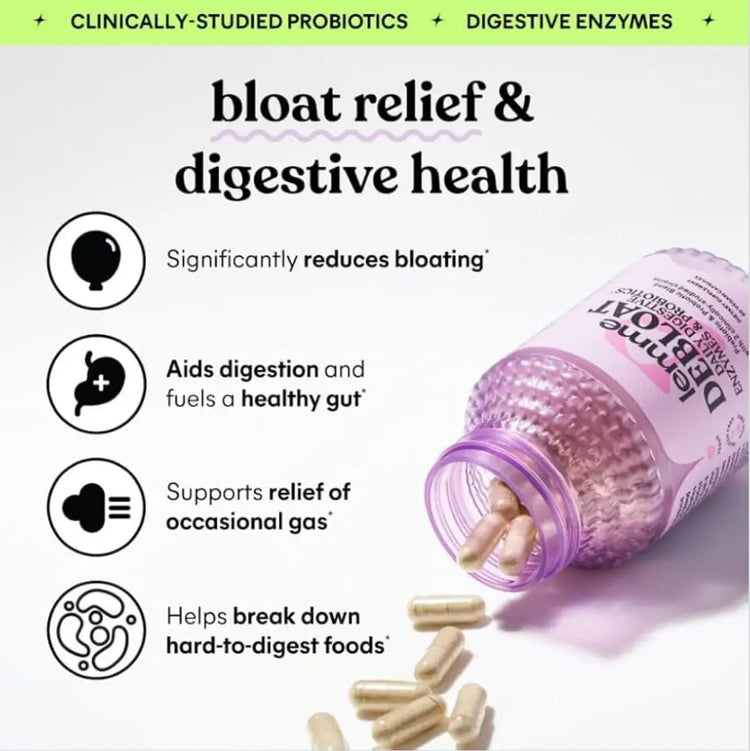 Lemme Debloat 3-in-1 Prebiotic Probiotic & Digestive Enzyme Capsules for Bloating & Gas Relief - 2 Clinically Studied Probiotics w/5 Digestive Enzymes to Improve Digestion Women & Men Vegan 60 ct Frezze_Luxe