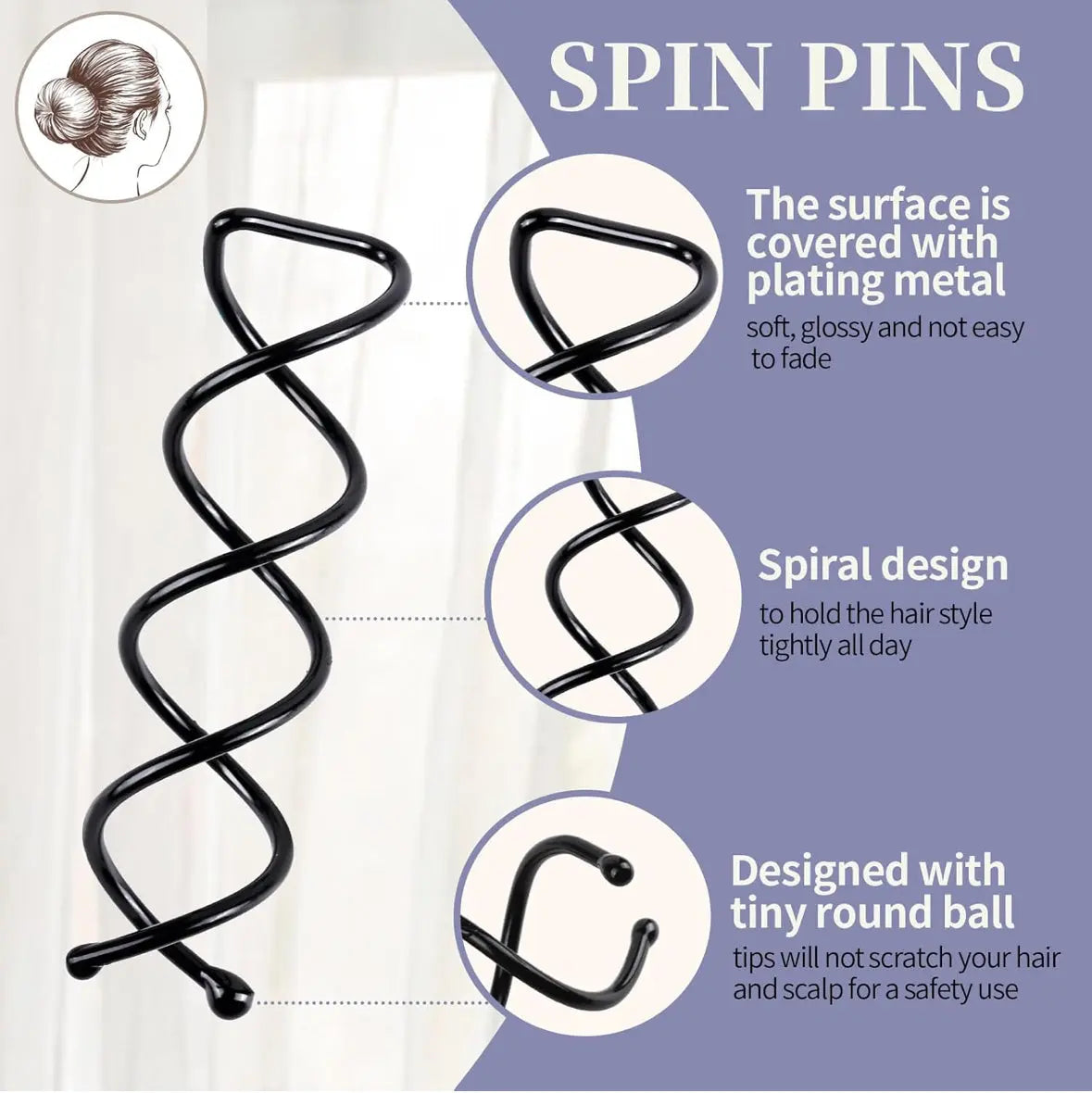 OMYZERO 60Pcs Non-Scratch Round Tips Spiral Bobby Hair Pins Spin Pins Twist Screw Hair Pin for Women Bun Hair Style DIY (Black) Frezze_Luxe