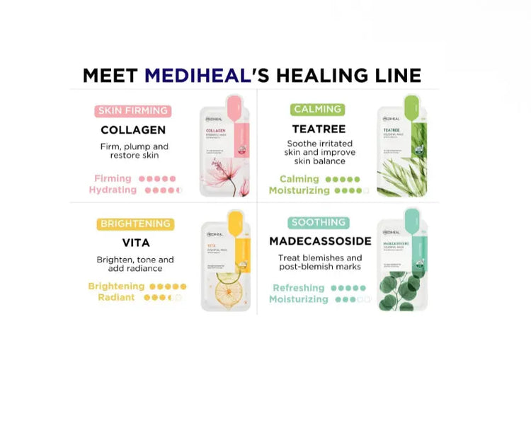 Mediheal Sheet Mask New Essential HERO 12 pack (Collagen Tea Tree Madecassoside Vita) | Korean Skincare Facial Sheet Mask Combo gift set Frezze_Luxe