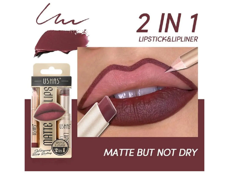 USHAS Lipstick and Lip Liner Combo Set 2 in 1 Waterproof Lipstick for Women Lip liner Set Long Lasting Lipstick Matte Lipstick Pen with Lip Liner Set Makeup Kits (G2 Pack of 1) Frezze_Luxe
