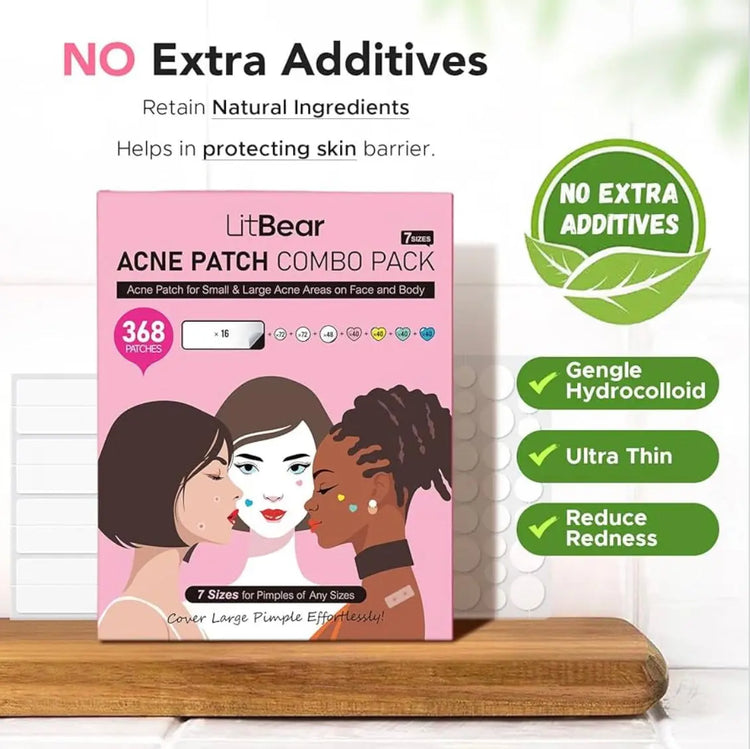 LitBear 3 IN 1 Acne Patch for Face 7 Sizes 368 Patches Hydrocolloid Acne Patches for Chin Forehead Nose 16 XL Pimple Patches Large for Body Heart-Shaped Acne Cover Zit Patches Acne Dots Sticker Frezze_Luxe
