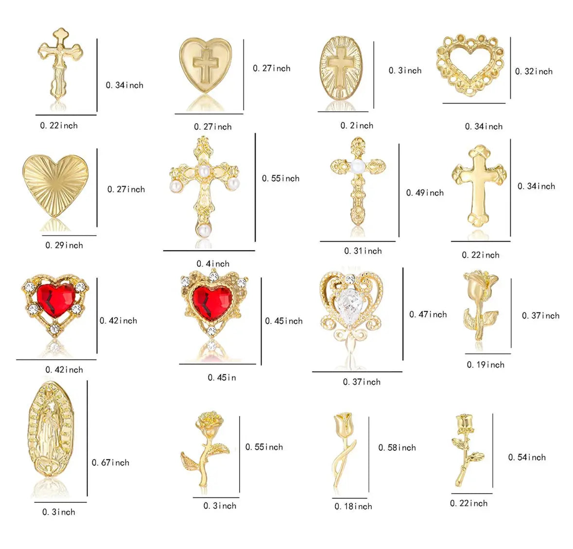 128Pcs Gold Nail Charms Set with Gold Nail Gems Gold Rose Hearts Gold Cross Nail Charms and Virgin Mary Nail Charms - Y2K 3D Chrome Nail Charma Decorations Frezze_Luxe