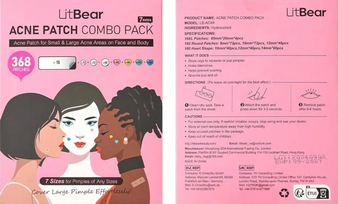 LitBear 3 IN 1 Acne Patch for Face 7 Sizes 368 Patches Hydrocolloid Acne Patches for Chin Forehead Nose 16 XL Pimple Patches Large for Body Heart-Shaped Acne Cover Zit Patches Acne Dots Sticker Frezze_Luxe