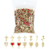 128Pcs Gold Nail Charms Set with Gold Nail Gems Gold Rose Hearts Gold Cross Nail Charms and Virgin Mary Nail Charms - Y2K 3D Chrome Nail Charma Decorations Frezze_Luxe