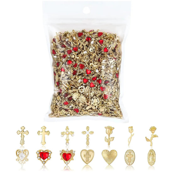 128Pcs Gold Nail Charms Set with Gold Nail Gems Gold Rose Hearts Gold Cross Nail Charms and Virgin Mary Nail Charms - Y2K 3D Chrome Nail Charma Decorations Frezze_Luxe