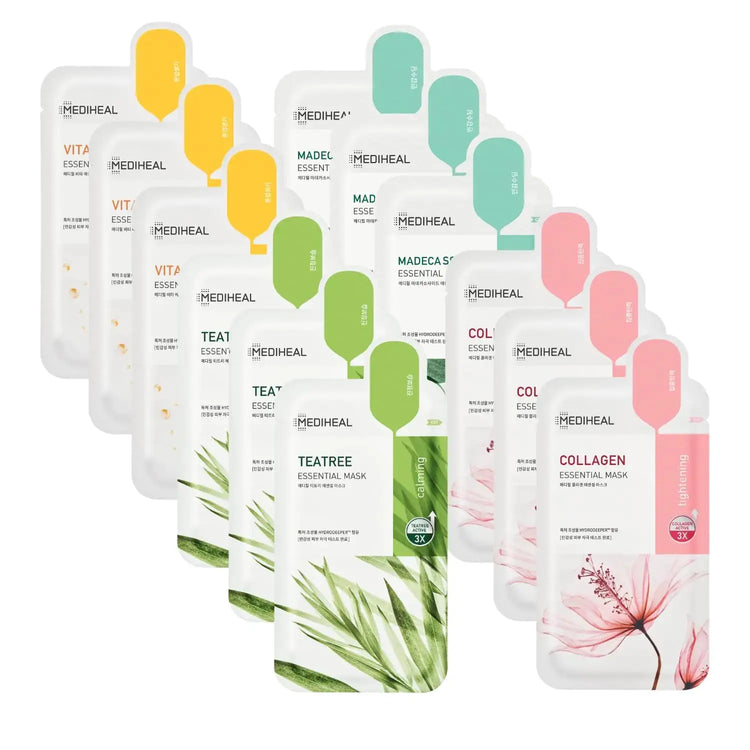 Mediheal Sheet Mask New Essential HERO 12 pack (Collagen Tea Tree Madecassoside Vita) | Korean Skincare Facial Sheet Mask Combo gift set Frezze_Luxe