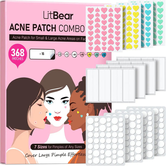 LitBear 3 IN 1 Acne Patch for Face 7 Sizes 368 Patches Hydrocolloid Acne Patches for Chin Forehead Nose 16 XL Pimple Patches Large for Body Heart-Shaped Acne Cover Zit Patches Acne Dots Sticker Frezze_Luxe