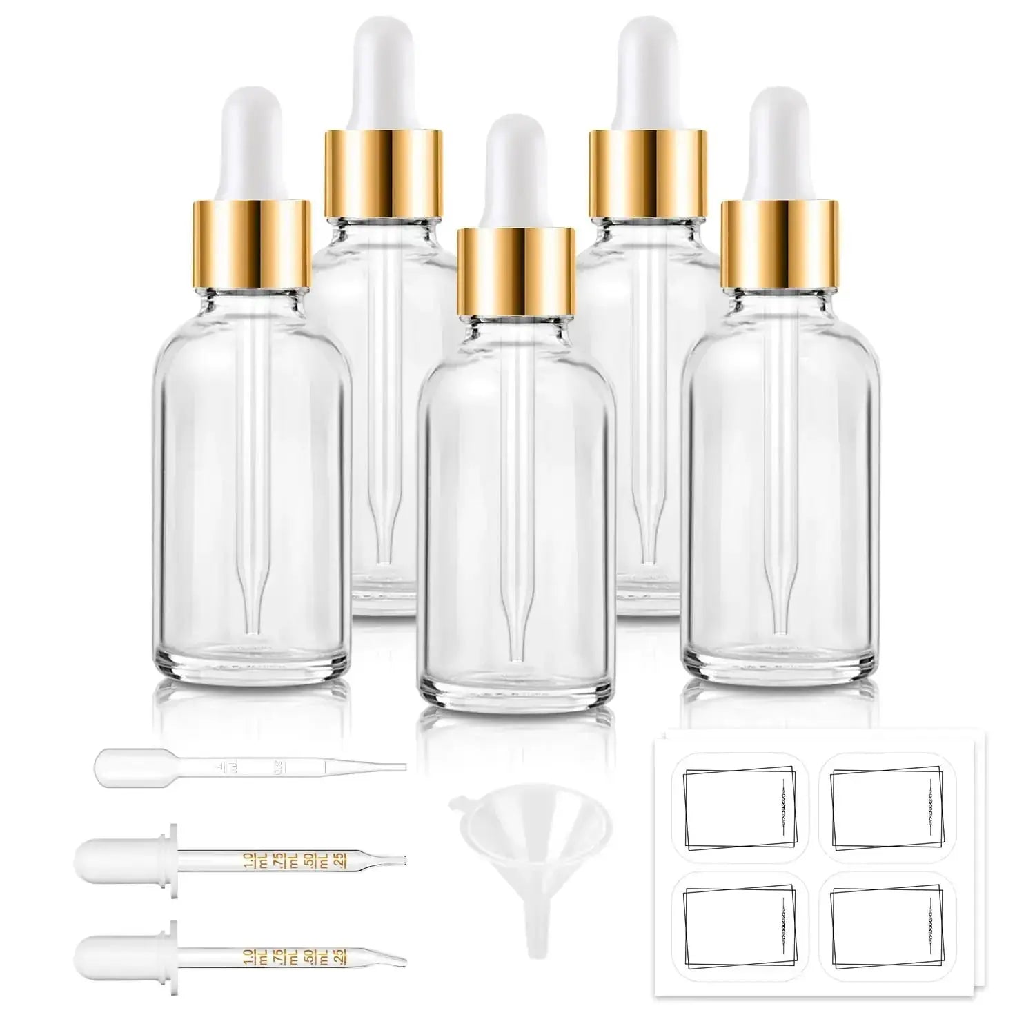 Bumobum Dropper Bottles - Clear Glass 1 oz set includes 5 leak-proof bottles with gold caps, 2 droppers, funnel, pipette, and 8 labels for oils and serums.