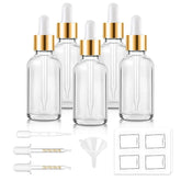 Bumobum Dropper Bottles - Clear Glass 1 oz set includes 5 leak-proof bottles with gold caps, 2 droppers, funnel, pipette, and 8 labels for oils and serums.