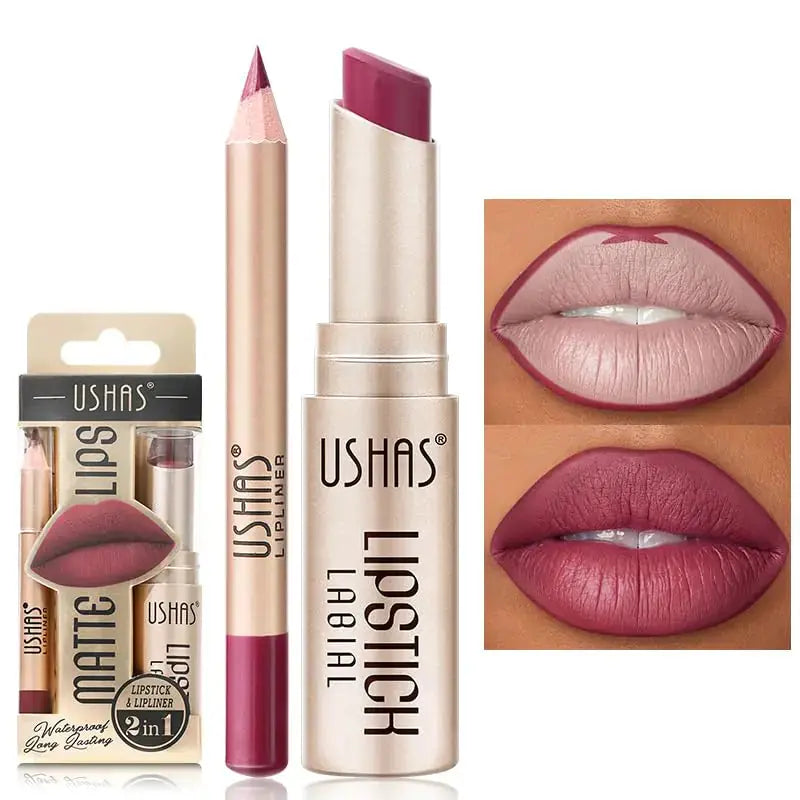 USHAS Lipstick and Lip Liner Combo Set 2 in 1 Waterproof Lipstick for Women Lip liner Set Long Lasting Lipstick Matte Lipstick Pen with Lip Liner Set Makeup Kits (G2 Pack of 1) Frezze_Luxe