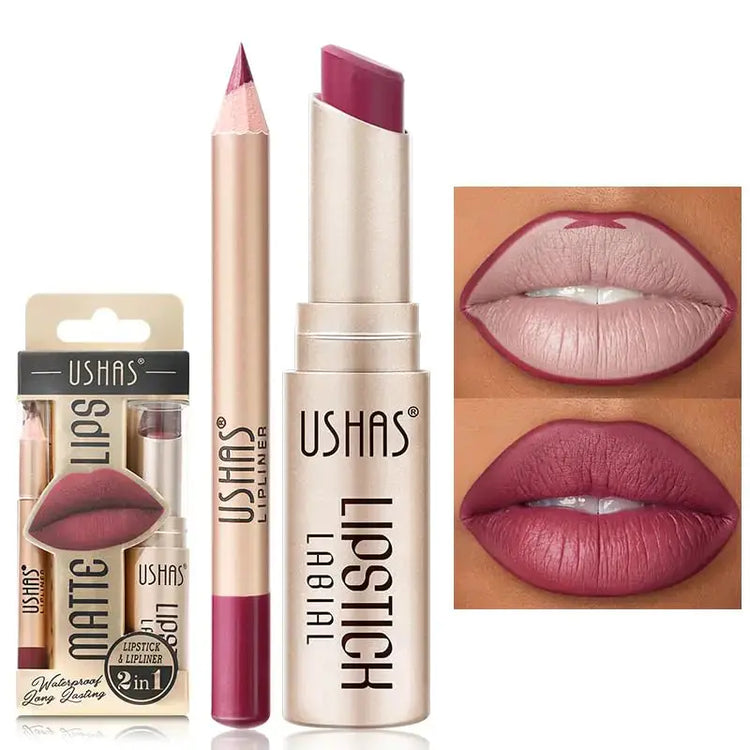 USHAS Lipstick and Lip Liner Combo Set 2 in 1 Waterproof Lipstick for Women Lip liner Set Long Lasting Lipstick Matte Lipstick Pen with Lip Liner Set Makeup Kits (G2 Pack of 1) Frezze_Luxe